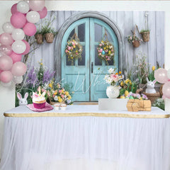 Lofaris Rustic Blue Door with Easter Eggs and Bunnies Party Backdrop Spring Floral Garden Celebration Decor