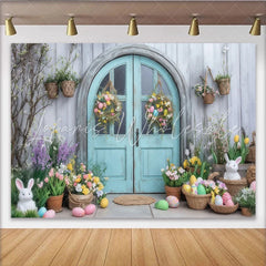 Lofaris Rustic Blue Door with Easter Eggs and Bunnies Party Backdrop Spring Floral Garden Celebration Decor