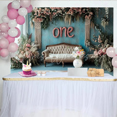 Lofaris Rustic Blue One 1st Birthday Backdrop with Pink Floral and Sofa Elegant Vintage Photography Background for Baby Photoshoot