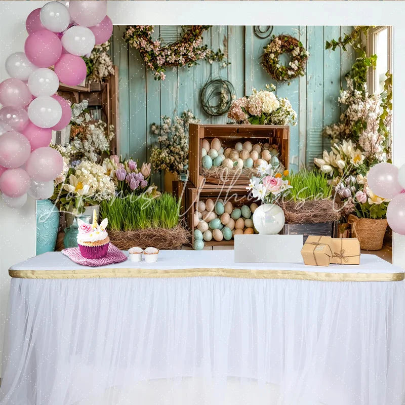 Lofaris Rustic Blue Wood Easter Backdrop with Pastel Eggs and Spring Flowers Charming Farmhouse Photography Background for Holiday Party