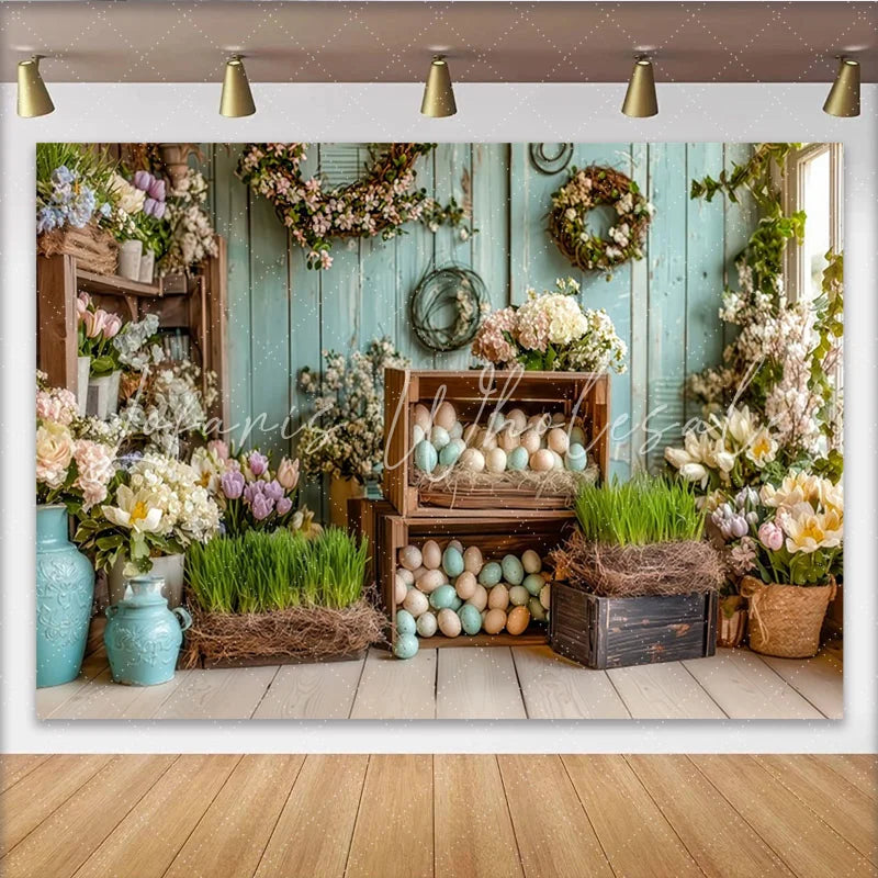 Lofaris Rustic Blue Wood Easter Backdrop with Pastel Eggs and Spring Flowers Charming Farmhouse Photography Background for Holiday Party