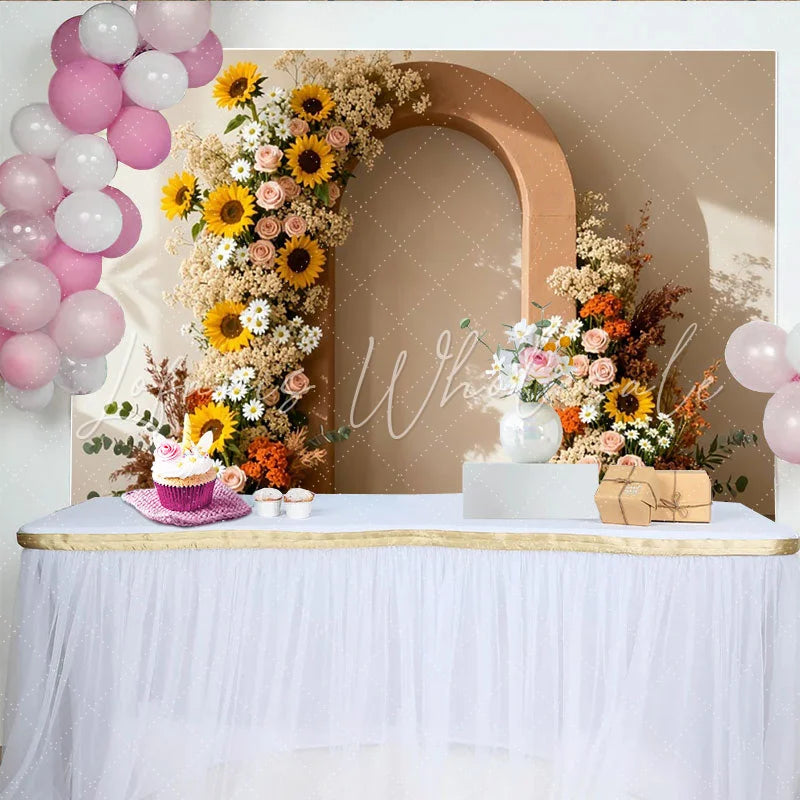 Lofaris Rustic Boho Floral Arch Party Backdrop with Sunflowers Pink Roses and Daisies for Wedding and Bridal Shower Decor