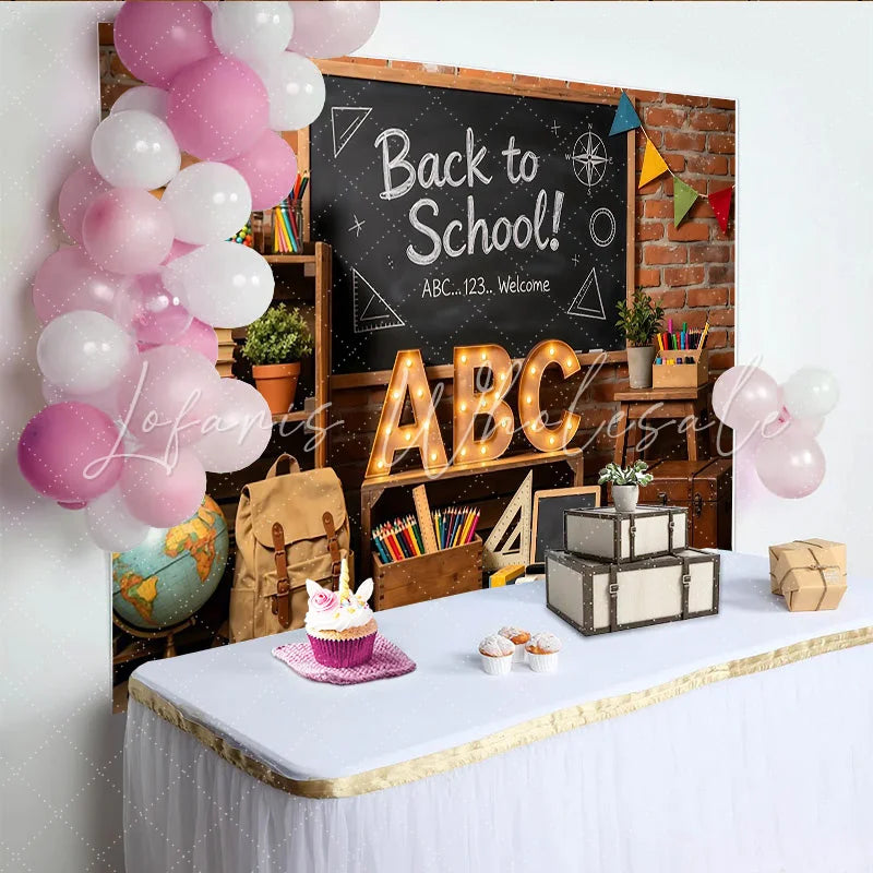 Lofaris Rustic Brick Wall Back to School Backdrop with Chalkboard and ABC Letters Educational Photography Background for Classroom Decor
