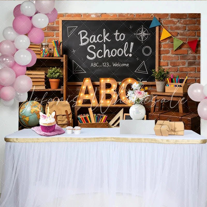 Lofaris Rustic Brick Wall Back to School Backdrop with Chalkboard and ABC Letters Educational Photography Background for Classroom Decor