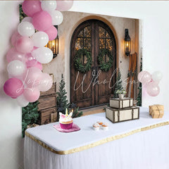 Lofaris Rustic Christmas Backdrop with Wooden Door Green Wreaths and Cozy Lanterns Winter Holiday Party Decor