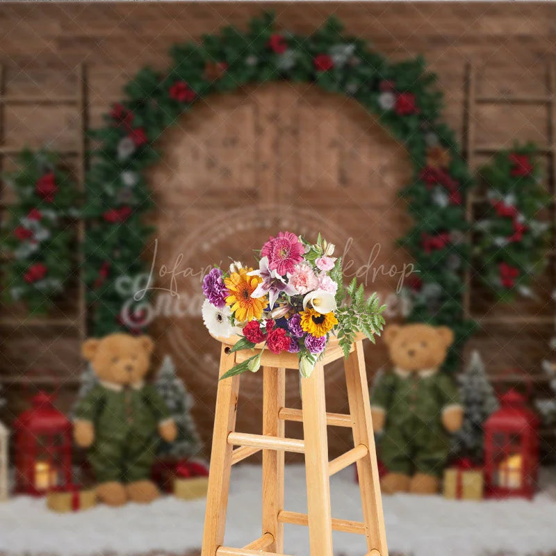 Lofaris Rustic Christmas Barn Door Photography Backdrop Flocked Trees and Teddy Bears Farmhouse Holiday Mini Sessions