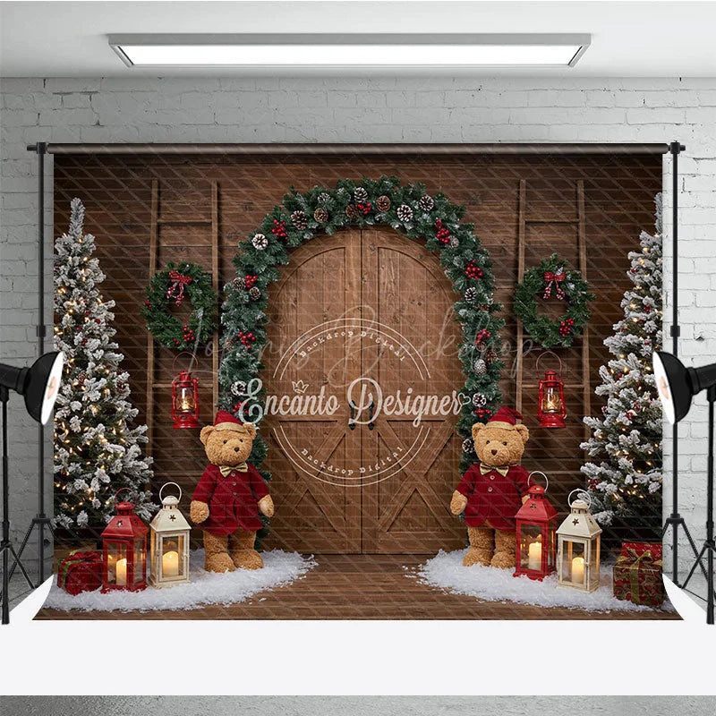 Lofaris Rustic Christmas Barn Door Photography Backdrop Flocked Trees with Teddy Bears Farmhouse Holiday Background