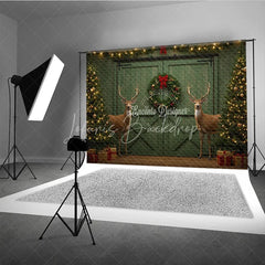 Lofaris Rustic Christmas Barn Door Photography Backdrop Green with Reindeer Farmhouse Holiday Photo Background