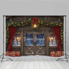 Lofaris Rustic Christmas Barn Photography Backdrop Snowy Windows with Garland Farmhouse Holiday Photo Background