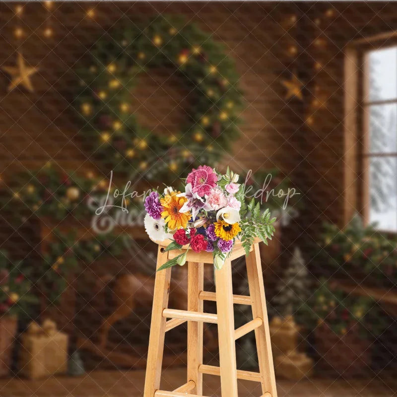 Lofaris Rustic Christmas Cabin Photography Backdrop Wood Wall with Rocking Horse Snowy Window Holiday Background