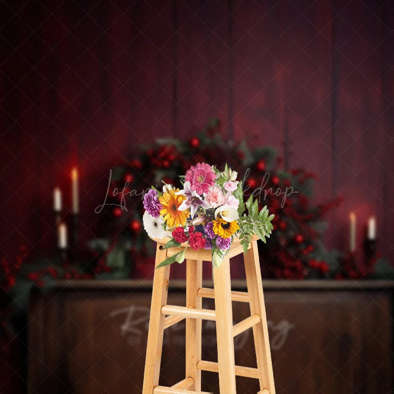 Lofaris Rustic Christmas Photography Backdrop Fireplace Mantel with Red Berry Garland Moody and Elegant Holiday Prop