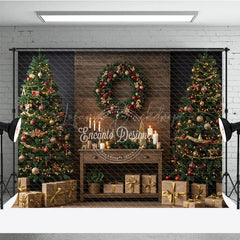 Lofaris Rustic Christmas Photography Backdrop Wood Wall with Trees and Wreath Farmhouse Holiday Mini Session Background