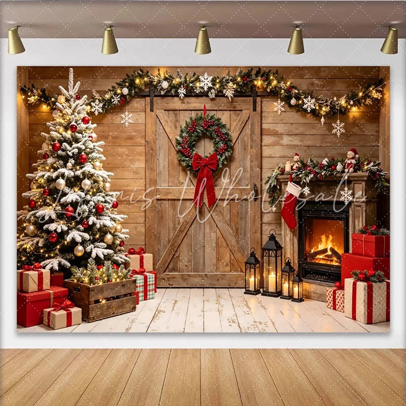 Lofaris Rustic Christmas Tree and Fireplace Holiday Backdrop Cozy Winter Scene Background for Festive Photoshoot and Party Decor.