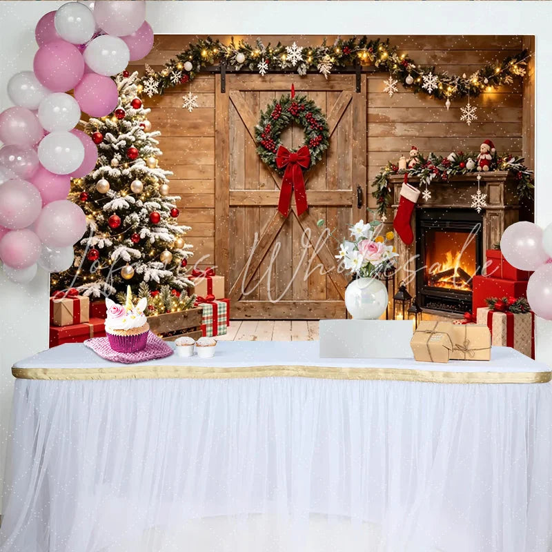 Lofaris Rustic Christmas Tree and Fireplace Holiday Backdrop Cozy Winter Scene Background for Festive Photoshoot and Party Decor.
