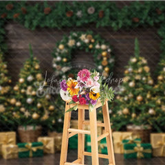 Lofaris Rustic Christmas Tree Farm Photography Backdrop Wood Wall with Garland Green and Gold Holiday Background