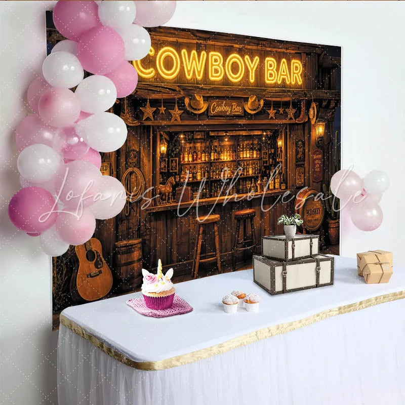 Lofaris Rustic Cowboy Bar Photography Backdrop with Neon Sign and Whiskey Barrels Vintage Western Saloon Background for Photo Booth Prop