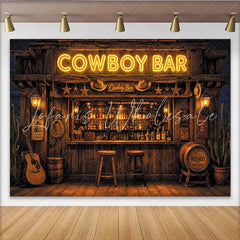 Lofaris Rustic Cowboy Bar Photography Backdrop with Neon Sign and Whiskey Barrels Vintage Western Saloon Background for Photo Booth Prop