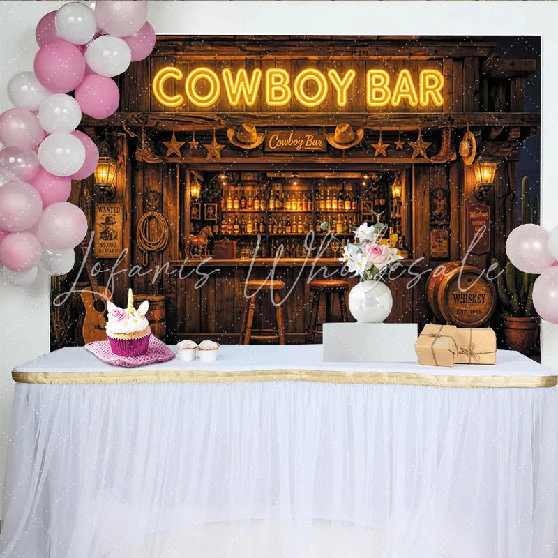Lofaris Rustic Cowboy Bar Photography Backdrop with Neon Sign and Whiskey Barrels Vintage Western Saloon Background for Photo Booth Prop