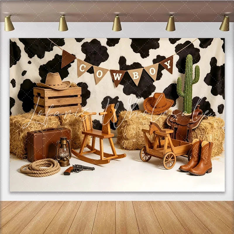 Lofaris Rustic Cowboy Birthday Backdrop with Cow Print and Hay Bales Western Themed Photography Background for Party Decor