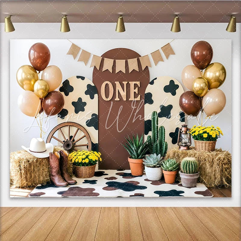 Lofaris Rustic Cowboy First Birthday Backdrop with Hay and Balloons Western Farm Theme Photo Background for Baby Boy Party Decor