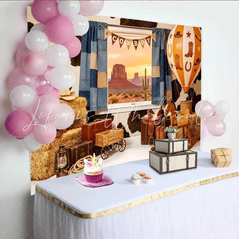 Lofaris Rustic Cowboy Photography Backdrop with Desert Window View Western Themed Background for Kids Birthday Party Photoshoot