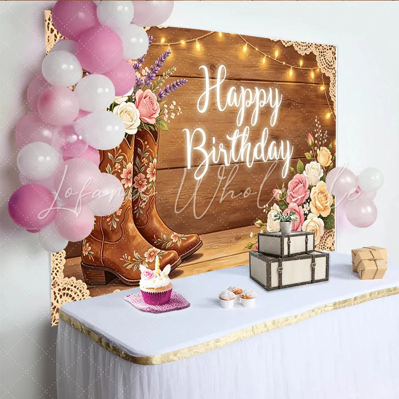 Lofaris Rustic Cowgirl Birthday Backdrop with Floral Boots Western Theme Party Decor for Girls Photoshoot