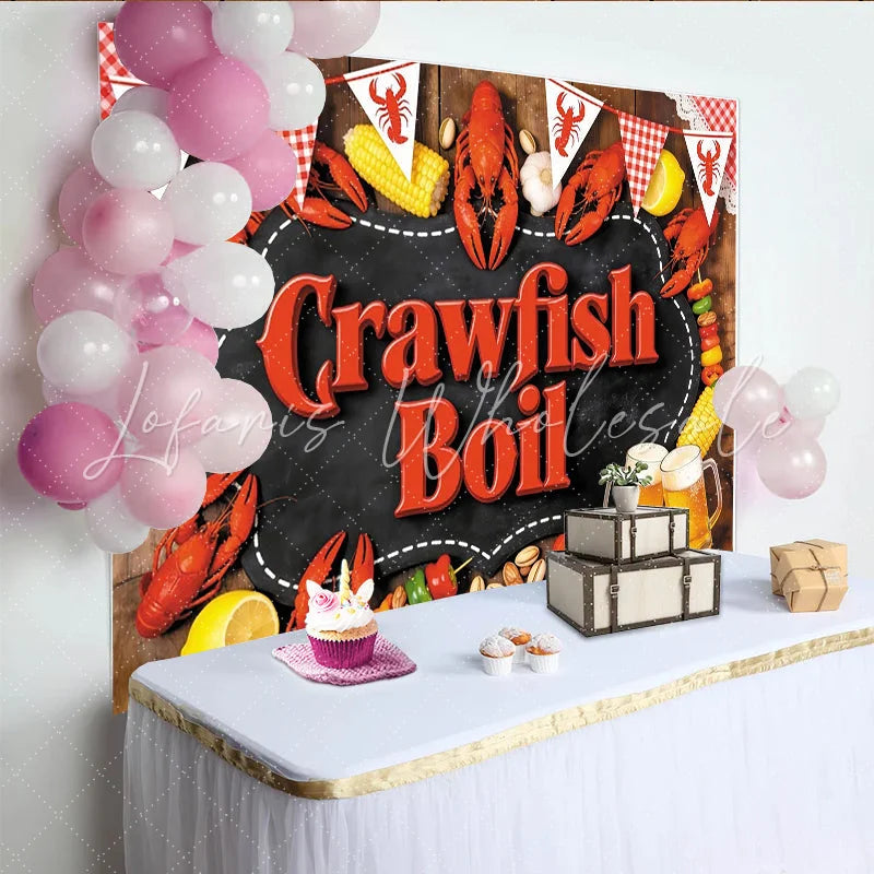 Lofaris Rustic Crawfish Boil Backdrop with Red Bunting and Corn Festive Seafood Party Decor for Summer Outdoor Gathering
