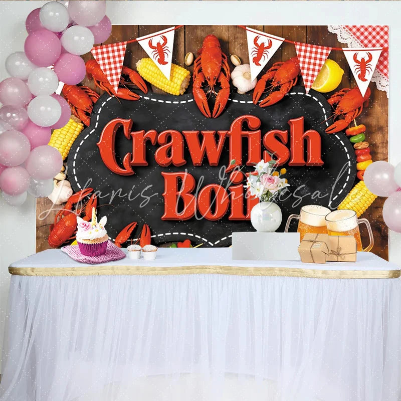 Lofaris Rustic Crawfish Boil Backdrop with Red Bunting and Corn Festive Seafood Party Decor for Summer Outdoor Gathering