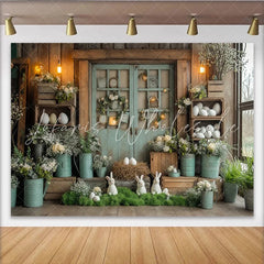 Lofaris Rustic Easter Backdrop with White Bunnies and Spring Flowers Farmhouse Photography Background for Holiday Party Decor