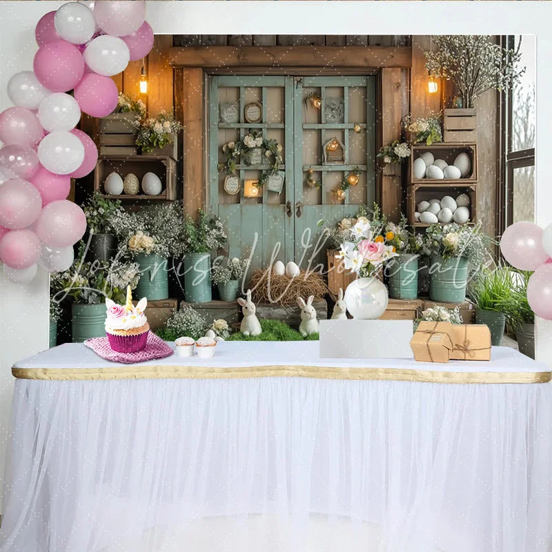 Lofaris Rustic Easter Backdrop with White Bunnies and Spring Flowers Farmhouse Photography Background for Holiday Party Decor