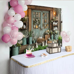 Lofaris Rustic Easter Backdrop with White Bunnies and Spring Flowers Farmhouse Photography Background for Holiday Party Decor