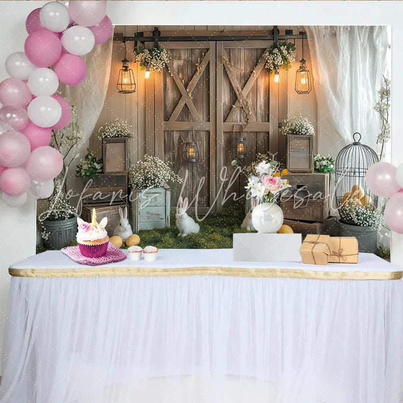 Lofaris Rustic Easter Backdrop with White Rabbits and Yellow Eggs Spring Farmhouse Photography Background for Holiday Party