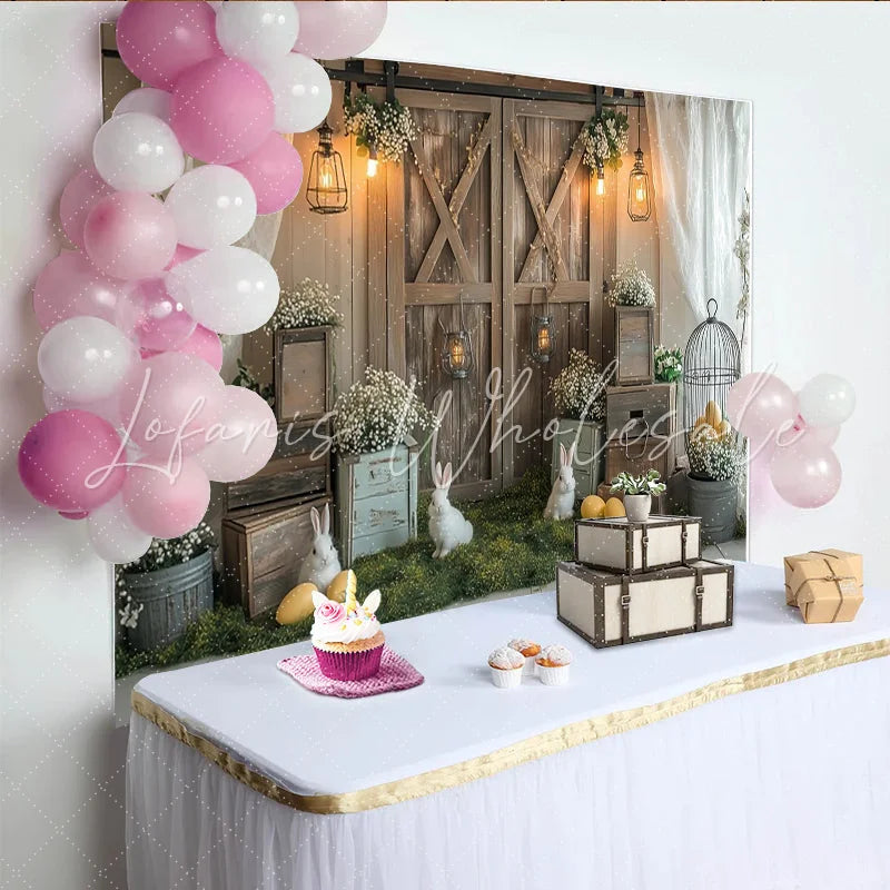Lofaris Rustic Easter Backdrop with White Rabbits and Yellow Eggs Spring Farmhouse Photography Background for Holiday Party