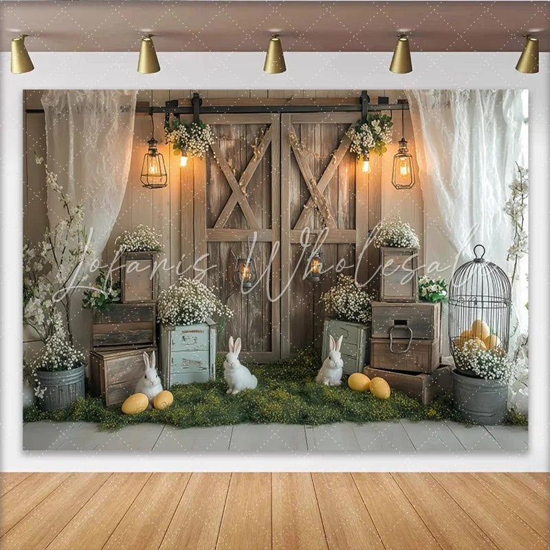 Lofaris Rustic Easter Backdrop with White Rabbits and Yellow Eggs Spring Farmhouse Photography Background for Holiday Party