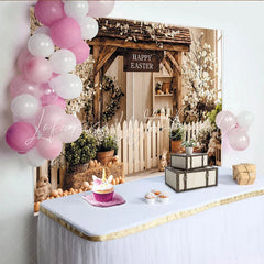 Lofaris Rustic Easter Backdrop with Wooden Arch Spring Flowers Picket Fence Charming Background for Holiday Celebration