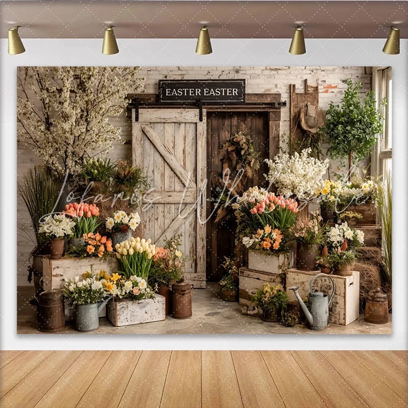 Lofaris Rustic Easter Photography Backdrop with Spring Flowers Elegant Floral Garden Background for Holiday Photoshoot.