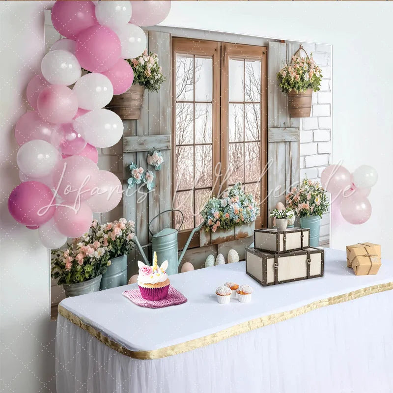 Lofaris Rustic Easter Photography Backdrop with Spring Flowers Pastel Eggs Farmhouse Window Background for Studio Portraits and Holiday
