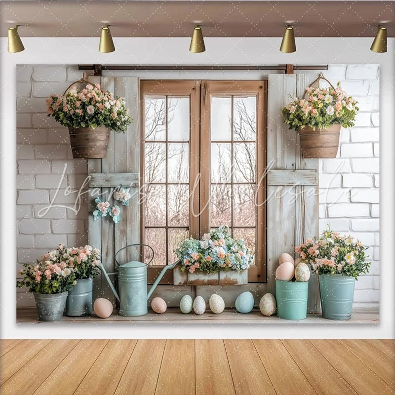 Lofaris Rustic Easter Photography Backdrop with Spring Flowers Pastel Eggs Farmhouse Window Background for Studio Portraits and Holiday