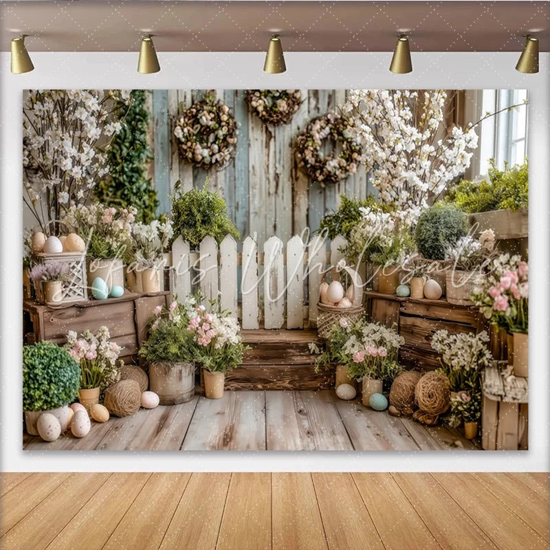 Lofaris Rustic Easter Spring Backdrop with White Flowers Eggs and Wooden Fence Photography Background for Holiday Party Decor