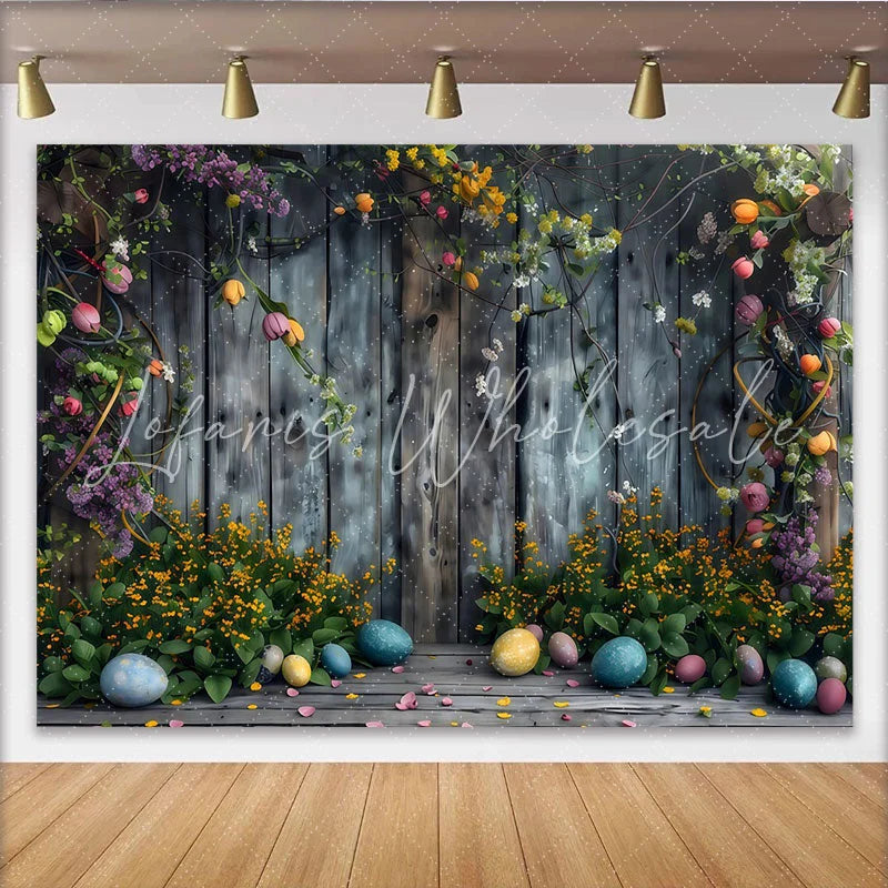 Lofaris Rustic Easter Wood Backdrop Spring Floral and Colorful Eggs Photography Background