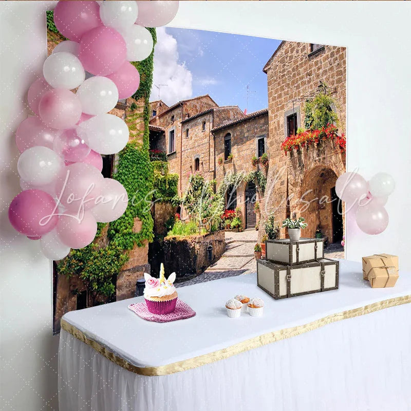Lofaris Rustic European Village Street Photography Backdrop with Stone Buildings and Ivy Old Town Archway Background for Studio Photoshoot