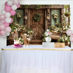 Lofaris Rustic Fall Photography Backdrop with Wooden Door and Autumn Flowers Cozy Studio Background for Seasonal Portrait