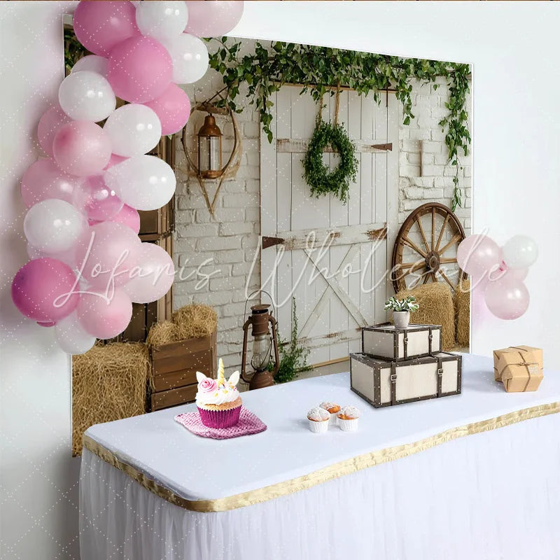 Lofaris Rustic Farmhouse Backdrop with White Barn Door and Brick Wall Charming Country Studio Background for Photoshoot