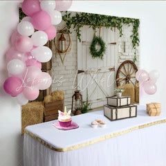 Lofaris Rustic Farmhouse Backdrop with White Barn Door and Brick Wall Charming Country Studio Background for Photoshoot
