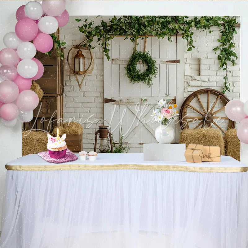 Lofaris Rustic Farmhouse Backdrop with White Barn Door and Brick Wall Charming Country Studio Background for Photoshoot