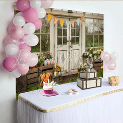 Lofaris Rustic Farmhouse Door Party Backdrop with Spring Flowers Easter Eggs and Cute Bunny for Celebration