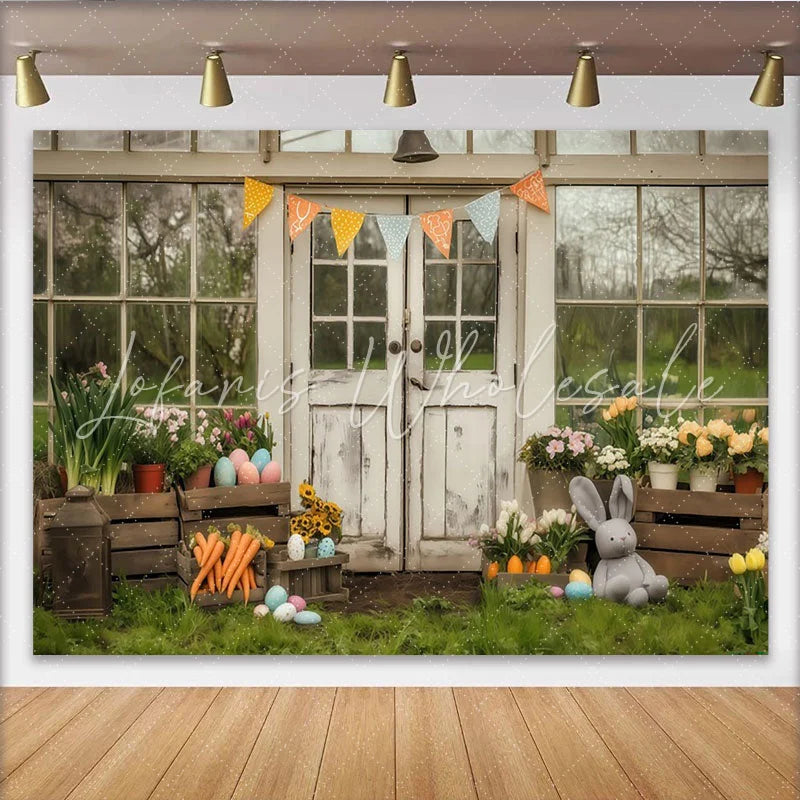 Lofaris Rustic Farmhouse Door Party Backdrop with Spring Flowers Easter Eggs and Cute Bunny for Celebration