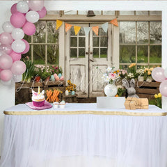 Lofaris Rustic Farmhouse Door Party Backdrop with Spring Flowers Easter Eggs and Cute Bunny for Celebration