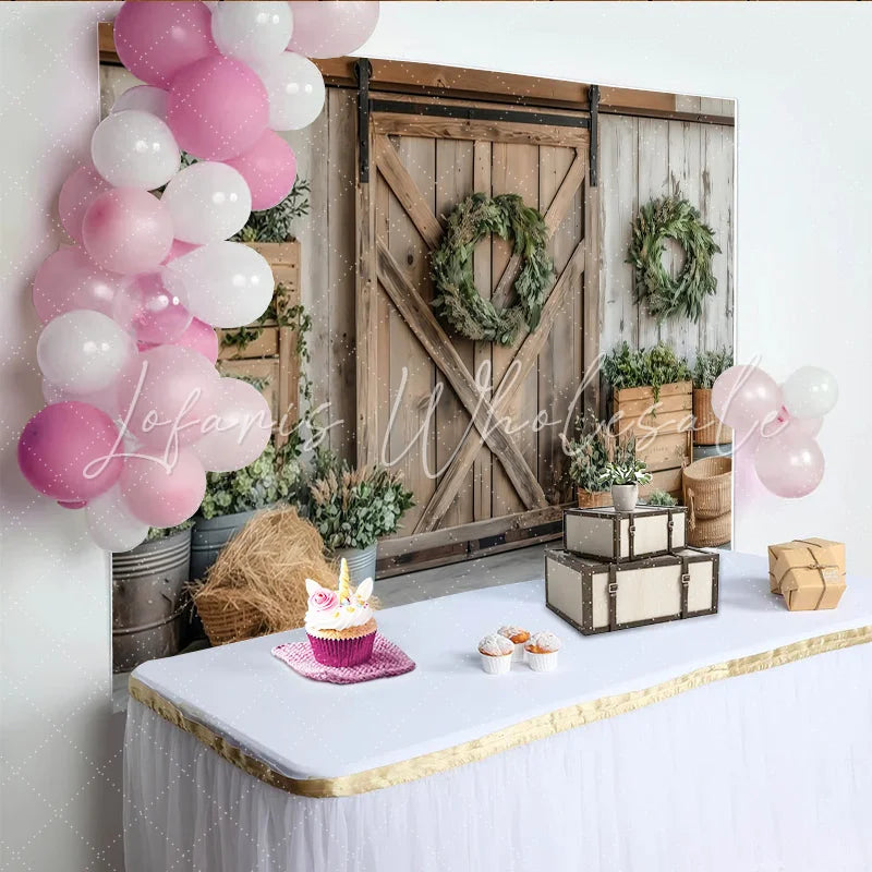 Lofaris Rustic Farmhouse Photography Backdrop with Barn Door and Greenery Wreaths Natural Wood Wall Background for Studio Photoshoot