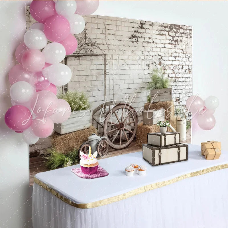 Lofaris Rustic Farmhouse Photography Backdrop with Distressed White Brick Wall and Hay Bales Vintage Studio Background for Natural Portrait